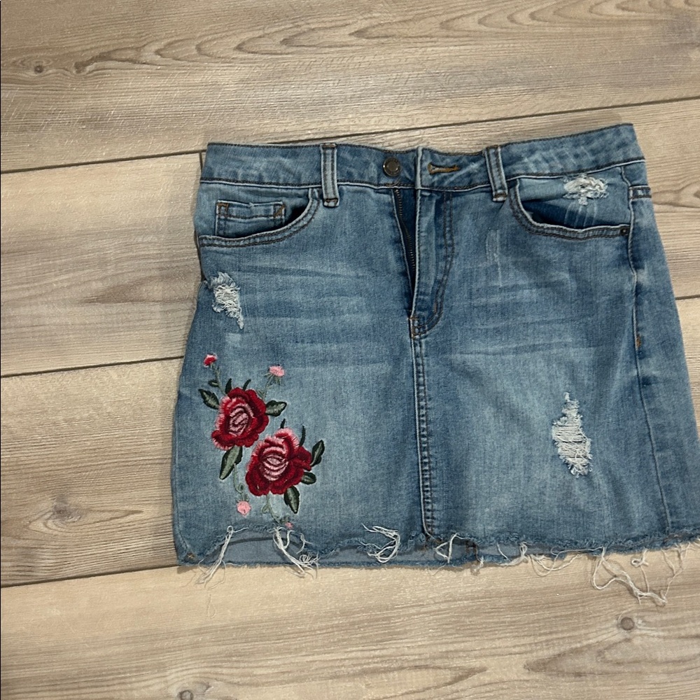 Angel Kiss Blue Denim Mini Skirt with Red Floral Embroidery